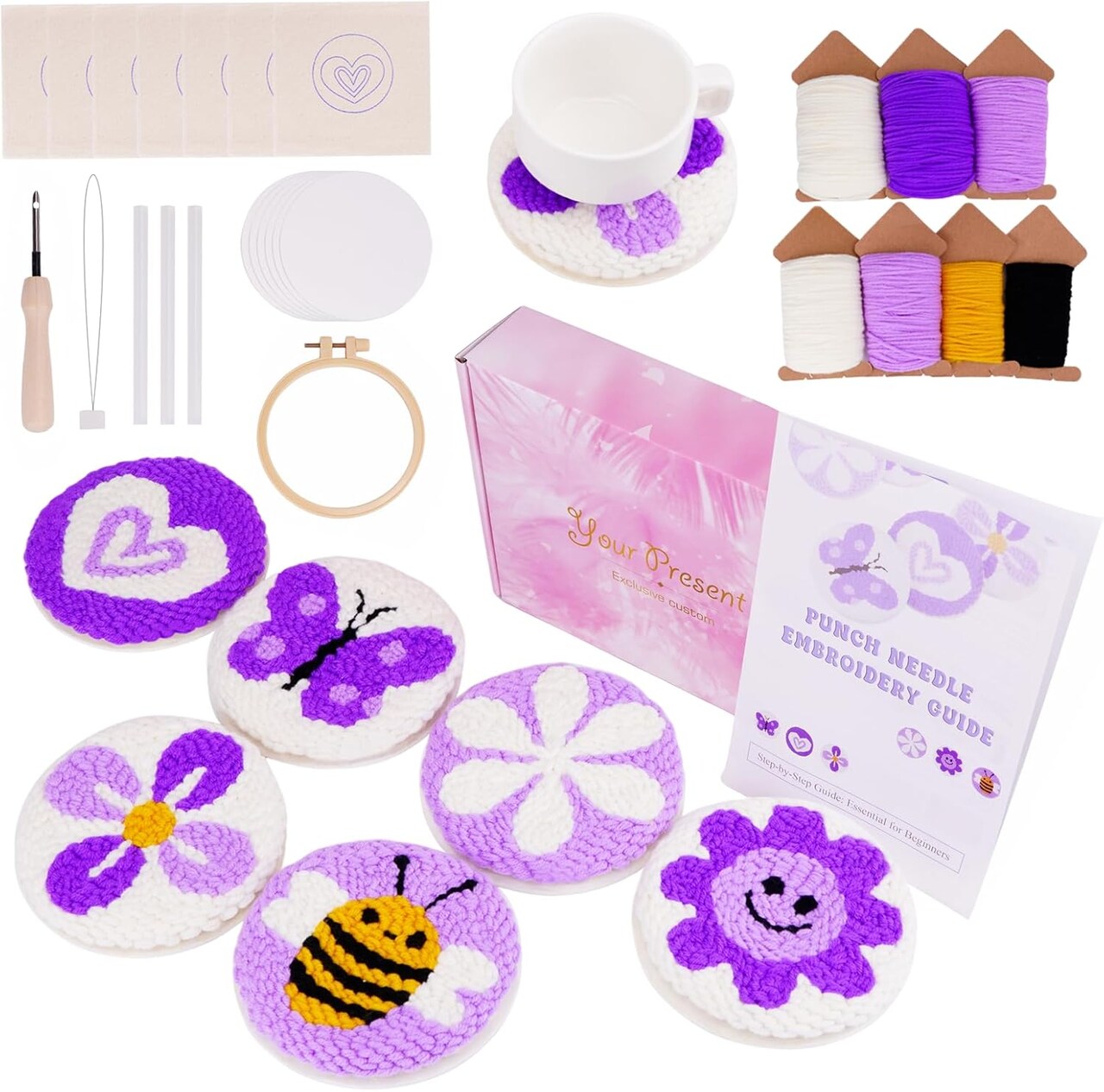 Punch Needle Kit for Beginners & Adults – Complete 6-Pattern Embroidery Coaster Set with Yarn, Felt, Tools, Hoop & Instructions – Easy DIY Punch Stitching Kit